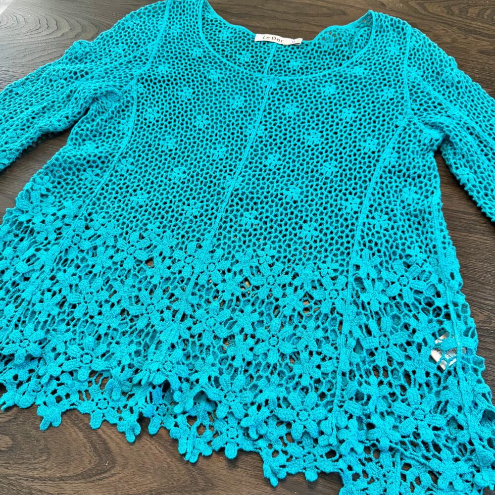 Le Dor Turquoise Crochet Lace Boho Top Medium